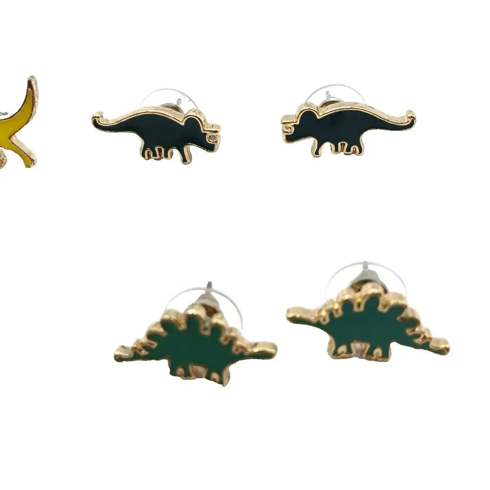Dinosaur Pierced Earrings Set Enamel Gold Tone T-Rex Stegosaur Brachiosaurus+